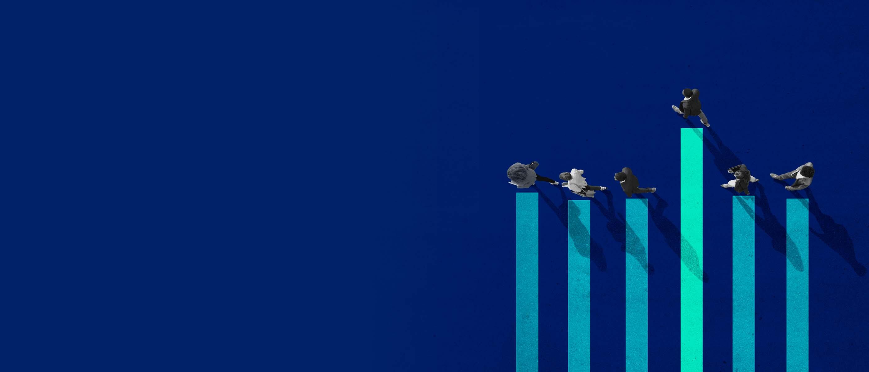 A group of individuals walking along a blue bar graph, symbolizing progress and growth in a business context.